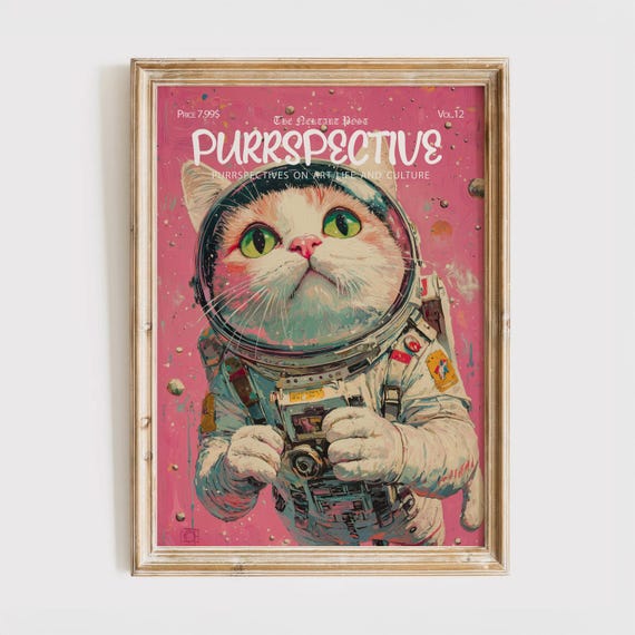 Purrspective Magazine Cover Print Funny Cat Poster Astronaut Gift For Lover