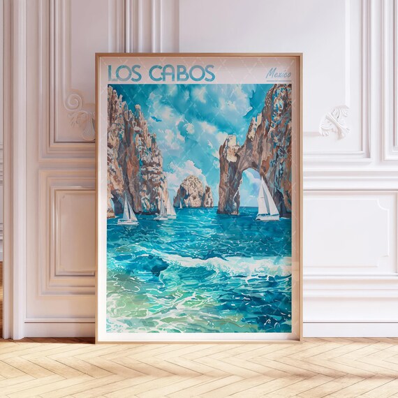 Los Cabos Mexico El Arco Arch Sailboats Ocean Watercolor Poster