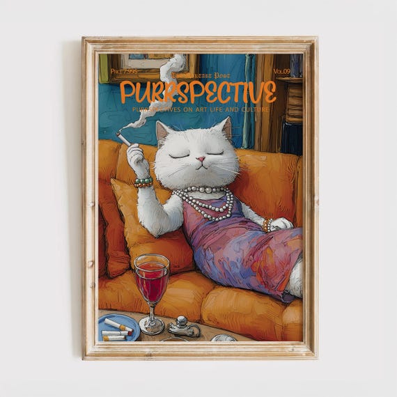 Purrspective Magazine Cover Print Funny Cat Poster White Gift For Lover