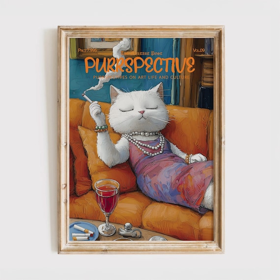 Purrspective White Cat In Pearls Wine Lounge Funny Art Poster
