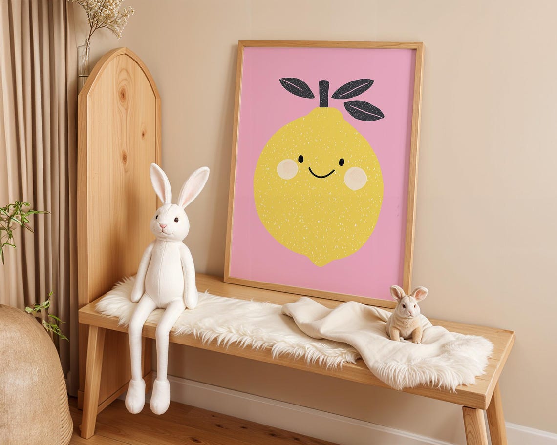 Cheerful Smiling Lemon Cute Kids Fruit Wall Art On Pink Background