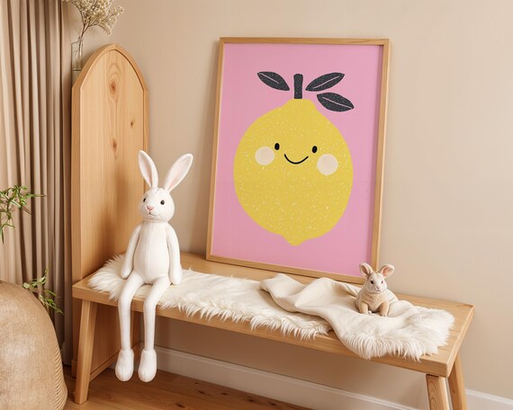 Cheerful Smiling Lemon Cute Kids Fruit Wall Art On Pink Background