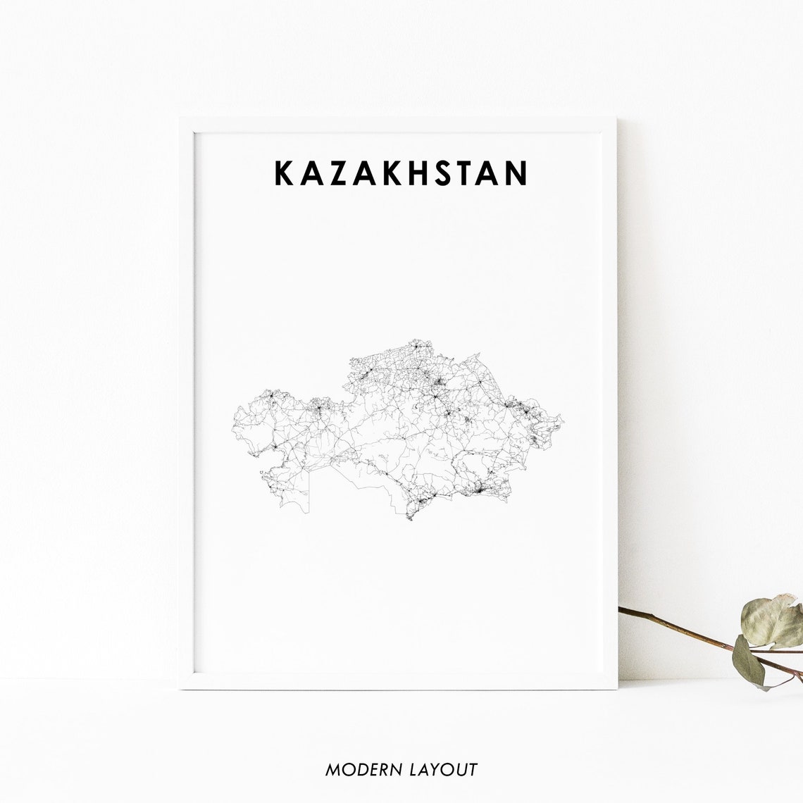 Kazakhstan Country Road Map Minimalist Modern Layout Monochrome Poster