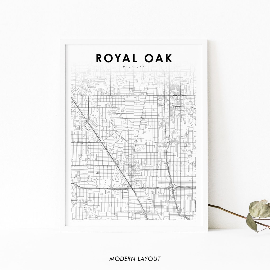 Royal Oak Michigan Minimalist City Street Map Black White Line Poster