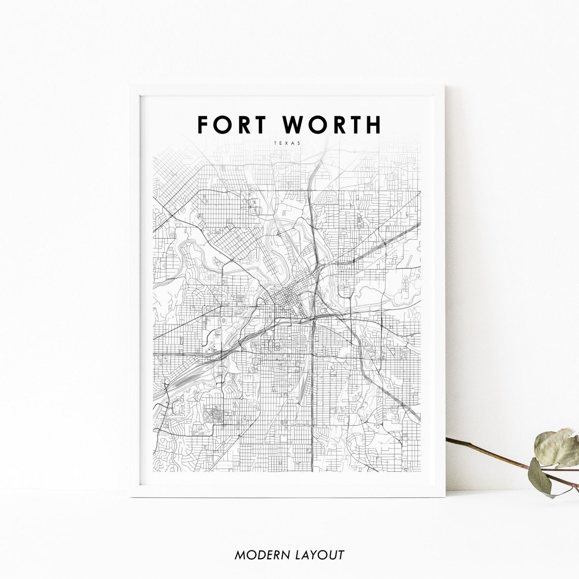 Fort Worth Texas Downtown Minimalist Black And White City Map Poster