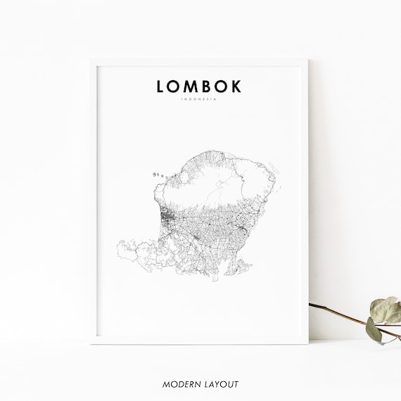 Lombok Island Road Map Modern Minimal Line Art Poster Wall Decor