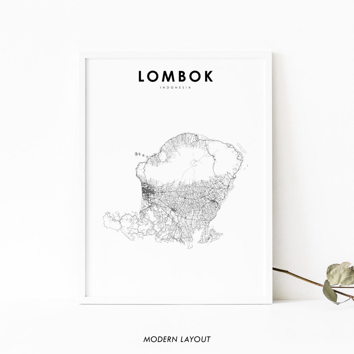 Lombok Island Road Map Modern Minimal Line Art Poster Wall Decor