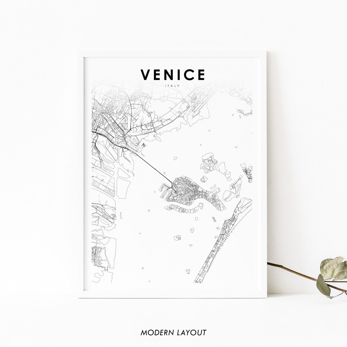 Venice Italy Modern Minimalist Black White City Street Map Poster