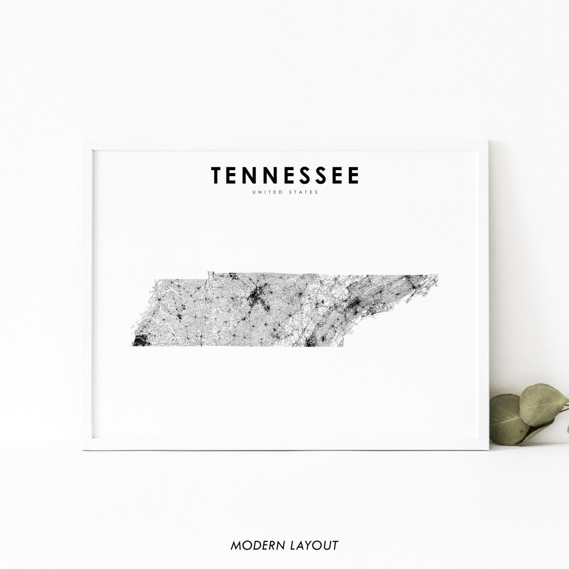 Tennessee State Map Minimalist Modern White Road Line Art Poster