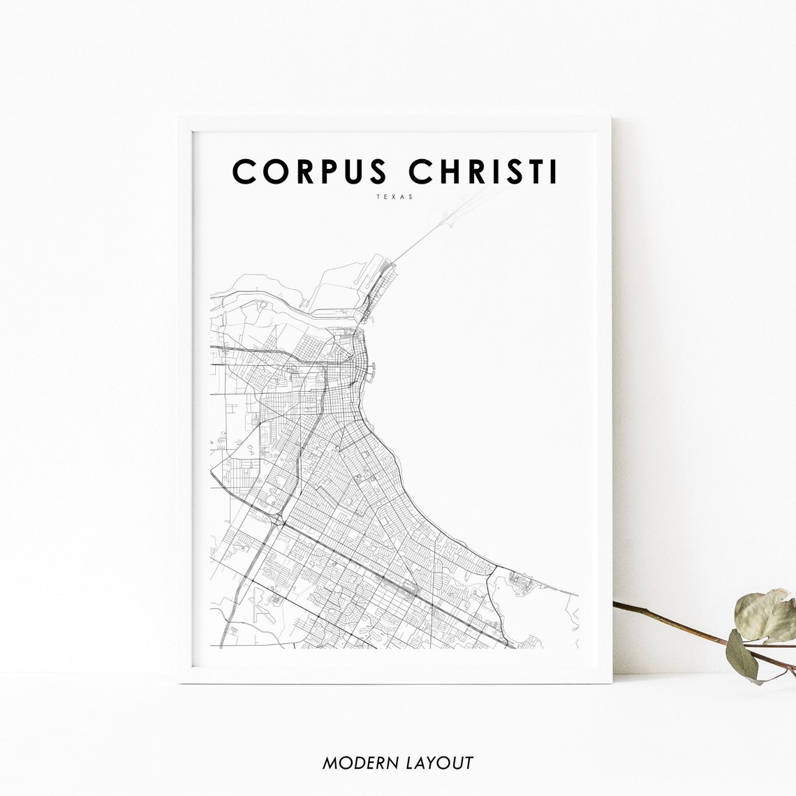 Corpus Christi Texas Minimalist Black White City Map Wall Art