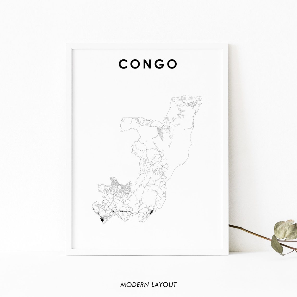 Republic of the Congo Country Road Map Minimalist Modern Art Print
