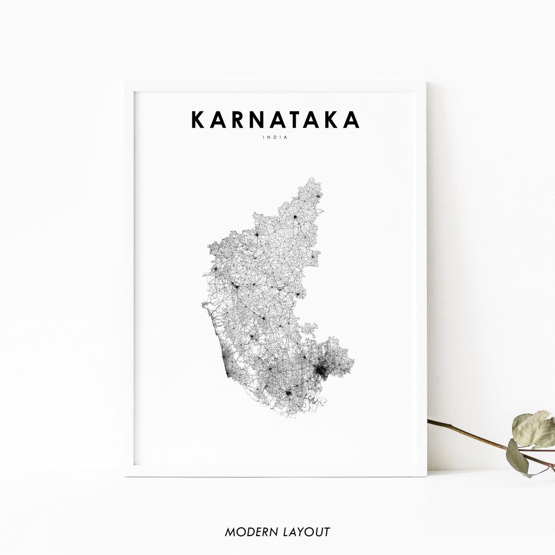 Karnataka India Minimalist Black White Road Network Map Wall Art