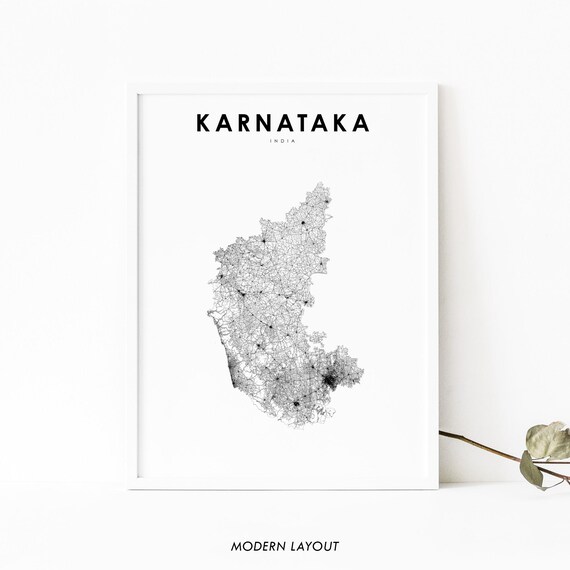 Karnataka India Minimalist Black White Road Network Map Wall Art