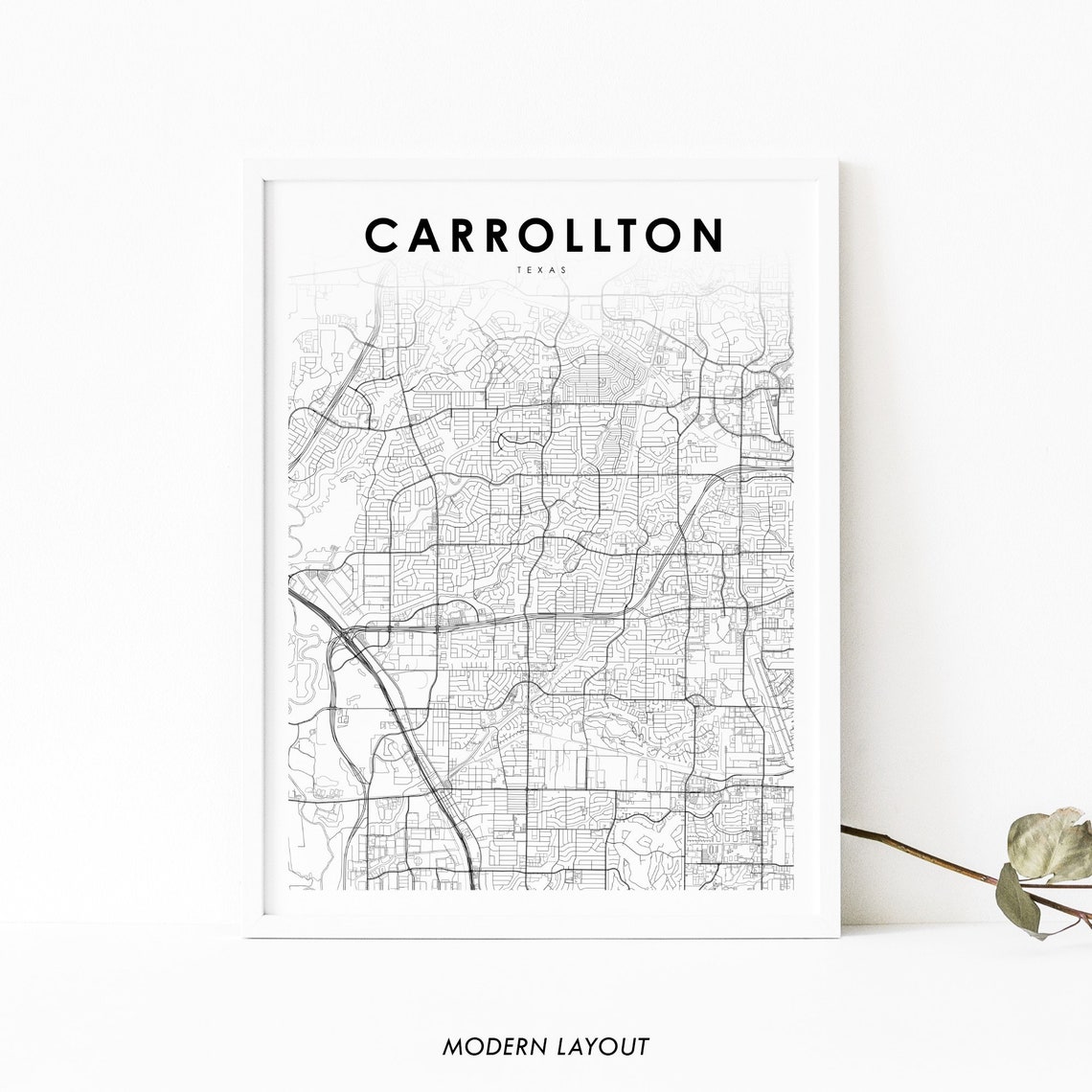 Carrollton Texas Black And White Minimalist City Map Wall Art