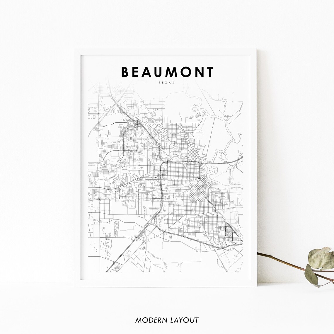 Minimalist Black and White Beaumont Texas City Street Map Print