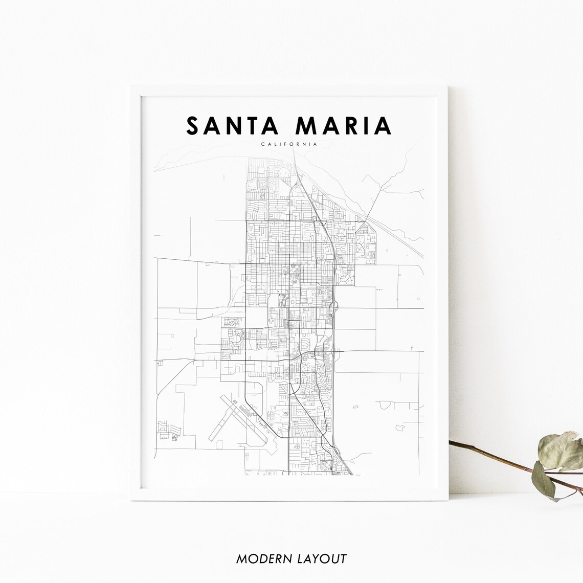 Santa Maria California Minimal Black And White City Street Map Art Poster