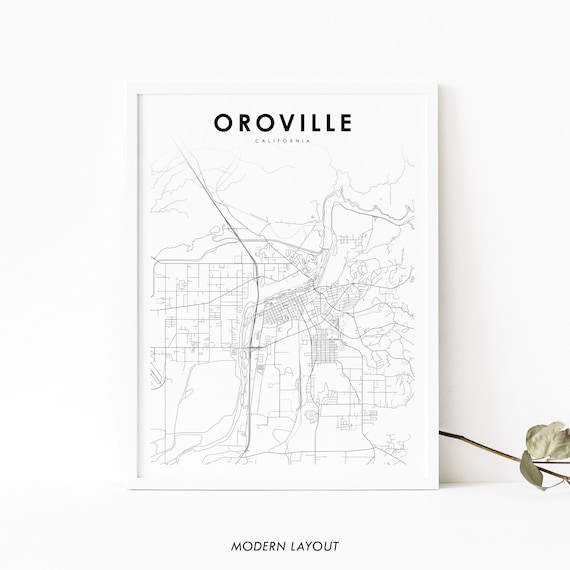 Oroville California Black And White Butte County City Map Poster