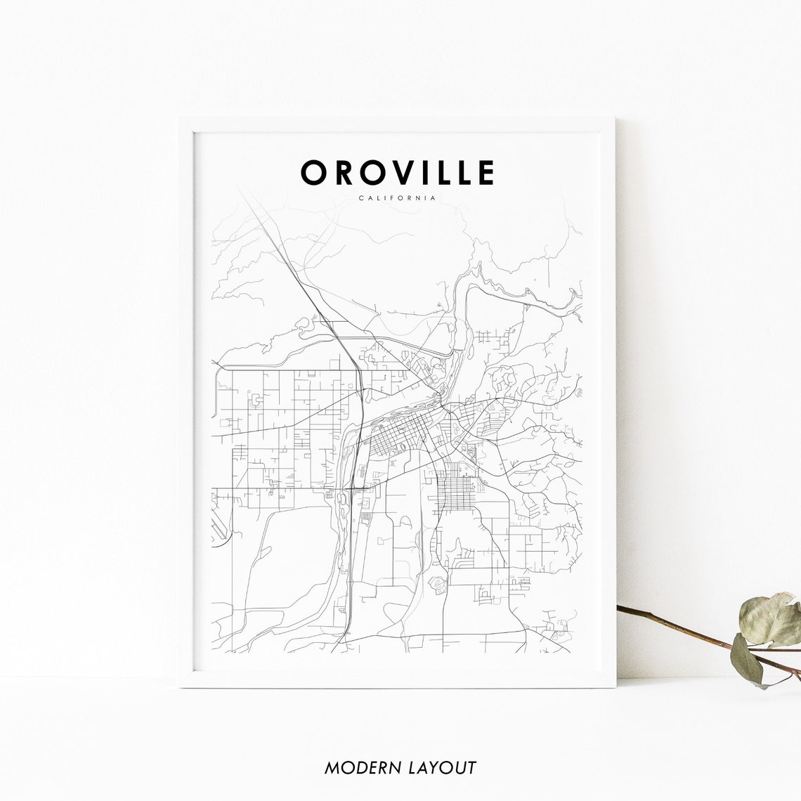 Oroville California Black And White Butte County City Map Poster