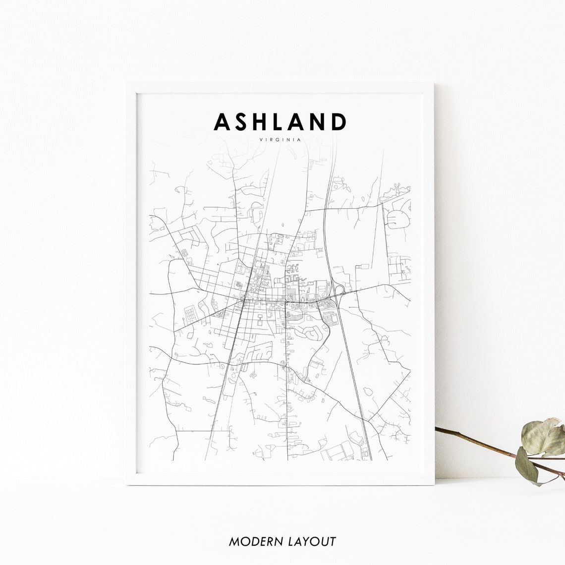 Ashland Virginia Minimalist City Street Map Black White Poster