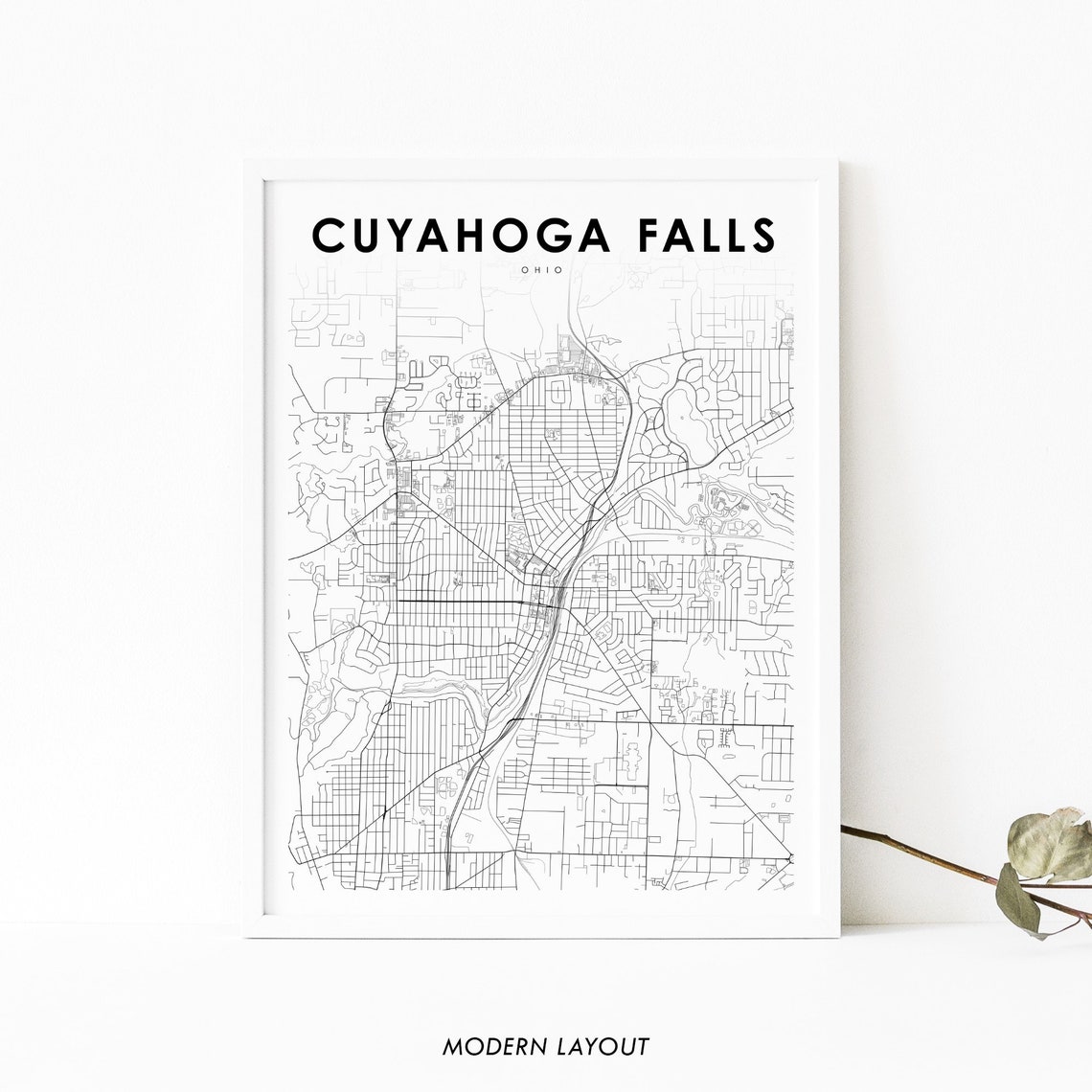 Cuyahoga Falls Ohio Street Map Minimalist Black and White Print