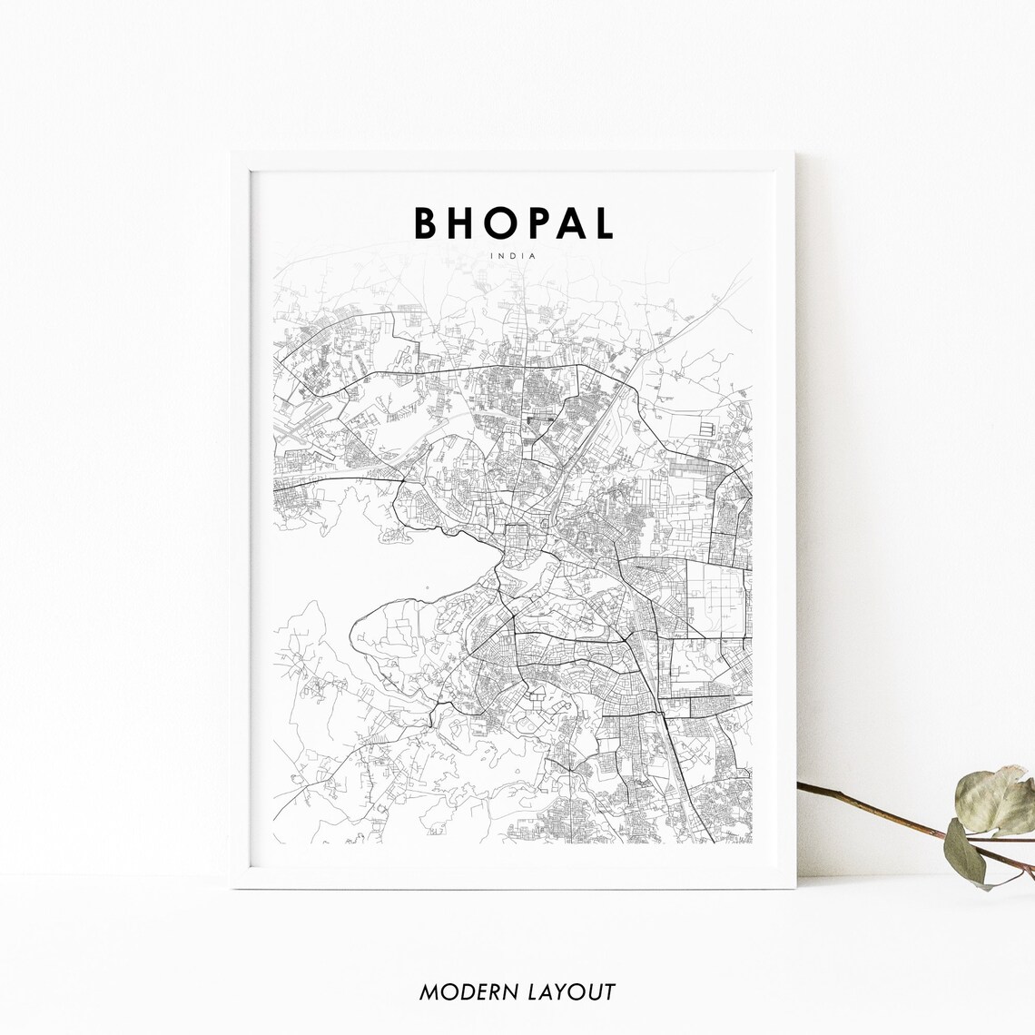 Bhopal India Minimalist City Street Map Black White Line Art Poster