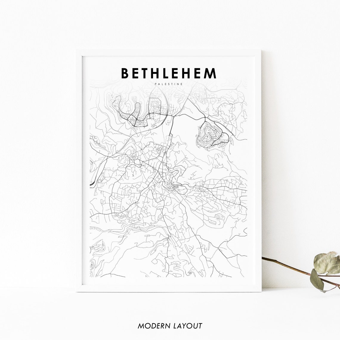 Bethlehem Palestine Street Map Minimalist Black and White Poster