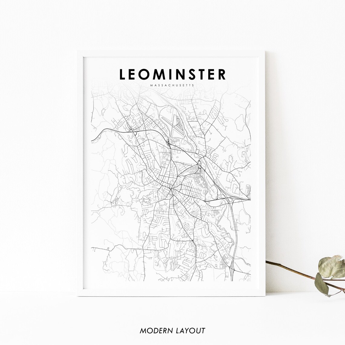 Leominster Massachusetts Black And White Street City Map Poster