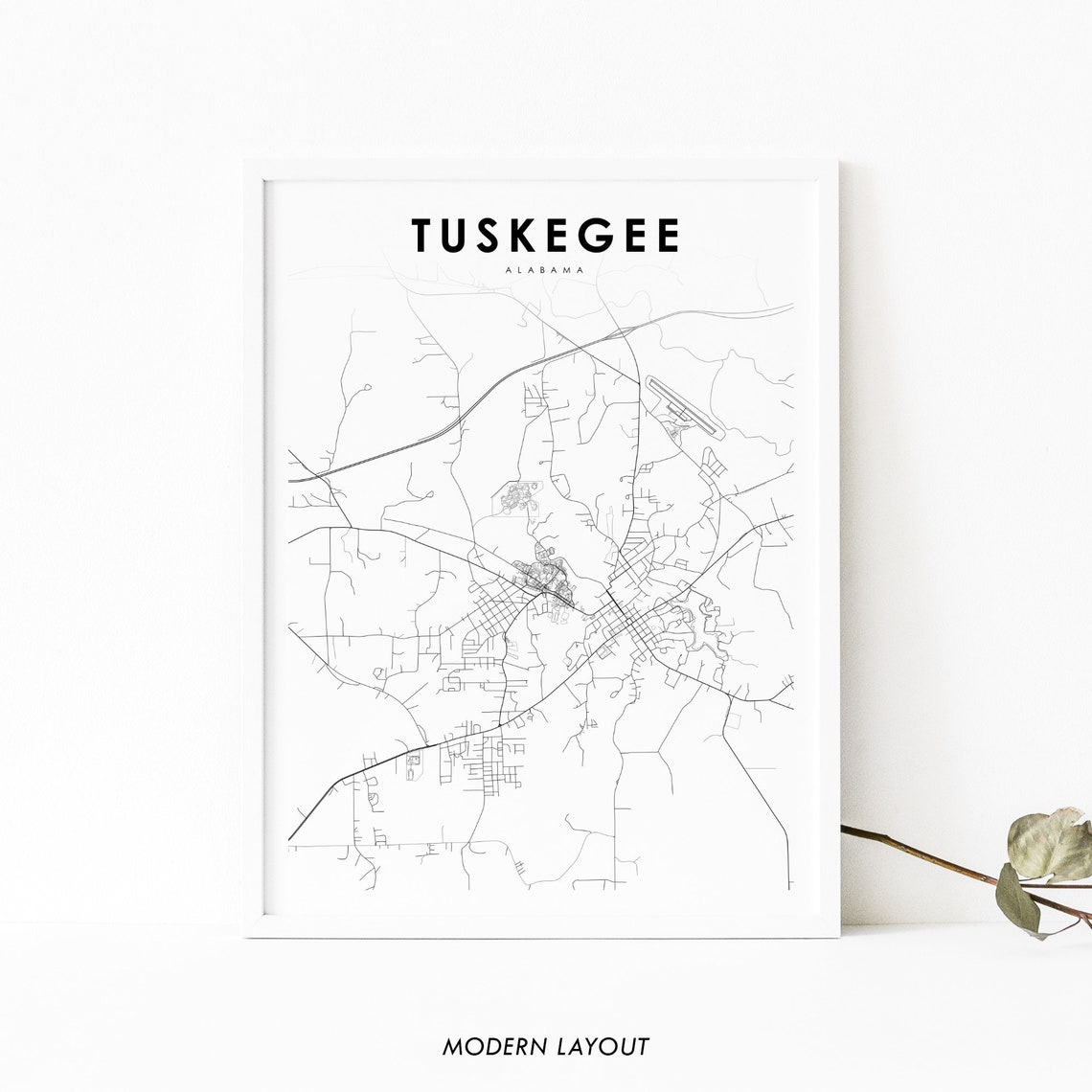 Tuskegee Alabama Street Map Modern Minimalist City Map Wall Art