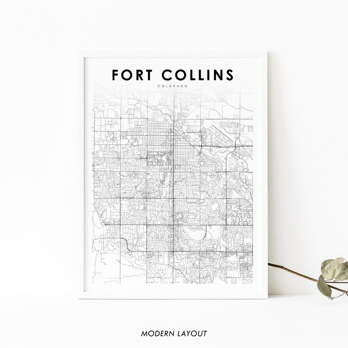 Fort Collins Colorado Minimalist Black White City Map Wall Art