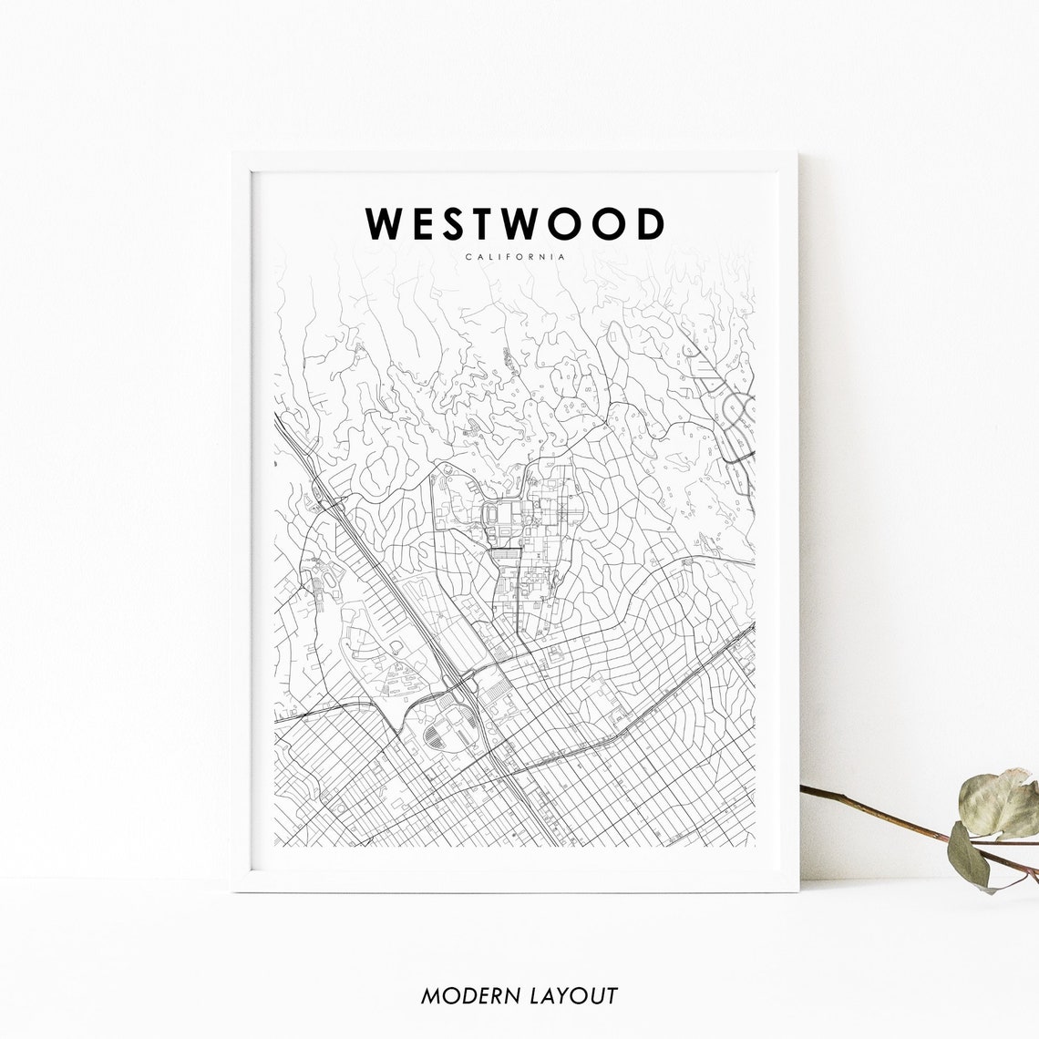 Westwood California Minimalist Black White Street Map Art Poster