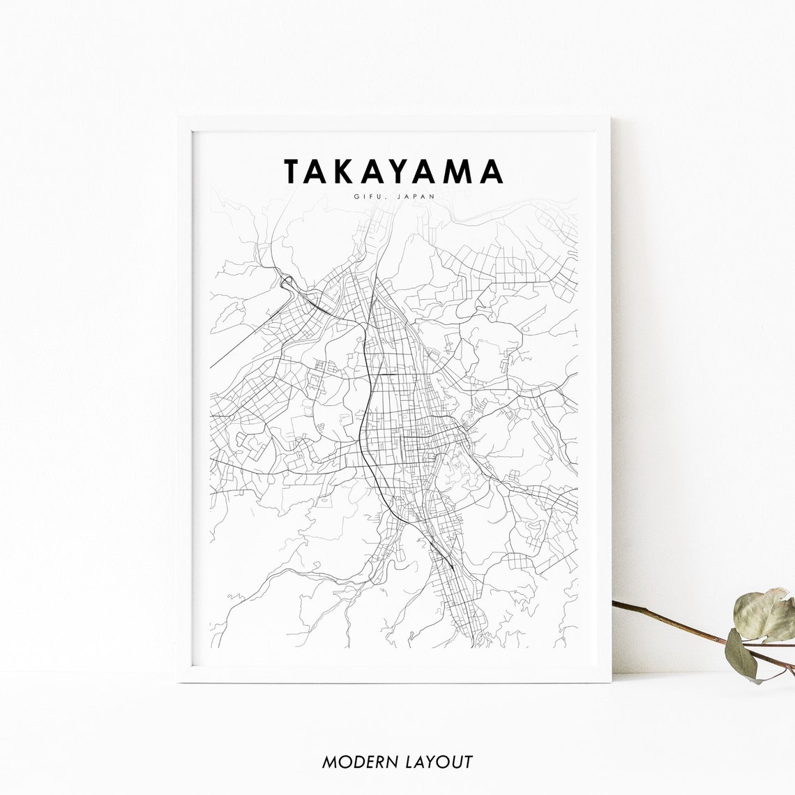 Takayama Gifu Japan Minimal Black and White Street Map Poster
