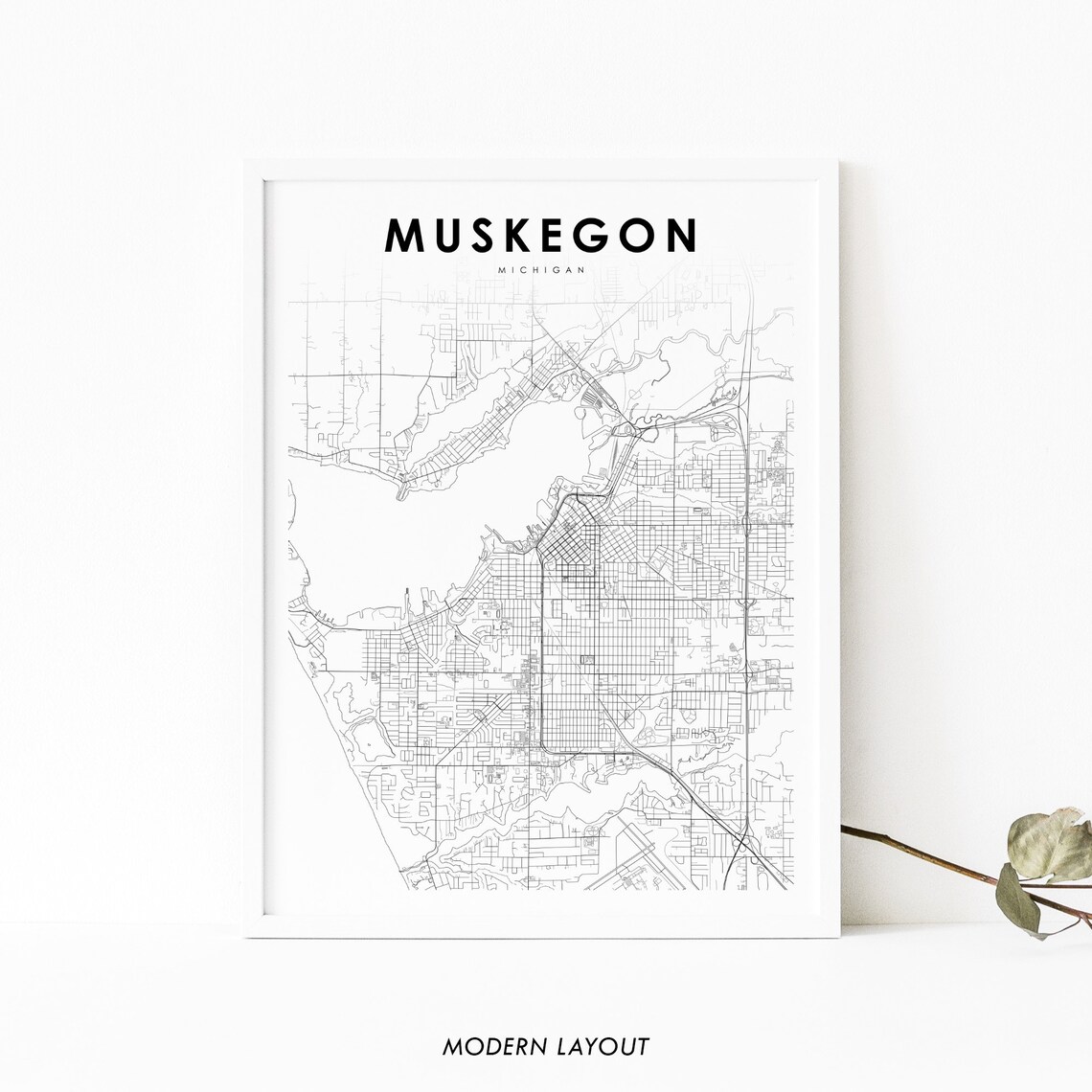 Muskegon Michigan Minimalist Street Map Line Drawing Art Poster