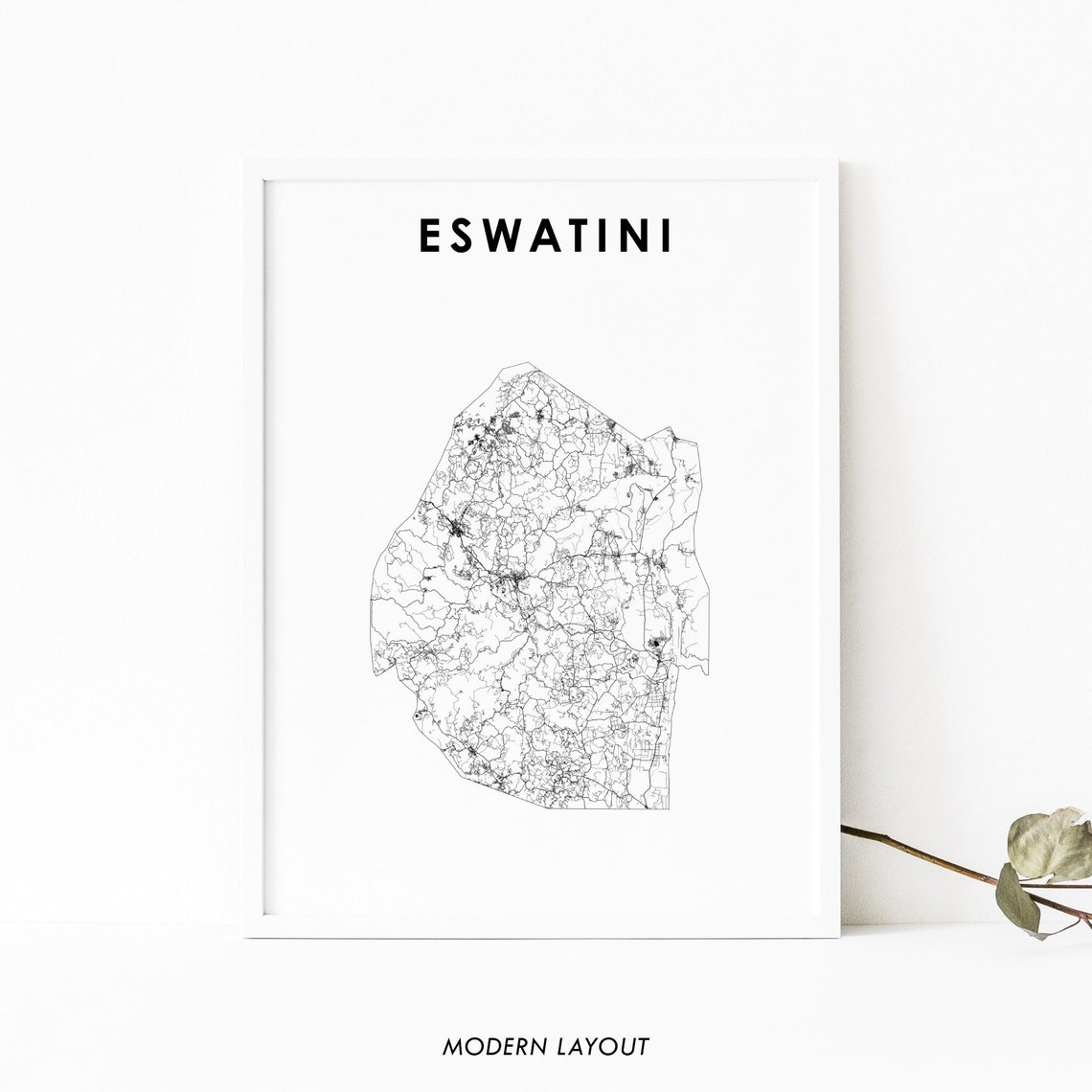 Eswatini Kingdom Country Road Map Minimalist Travel Art Print