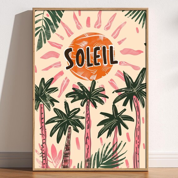 Soleil Colourful Sun And Palm Tree Print Retro Poster Abstract Modern Decor Trendy Pink Green Art Tropical Sunshine