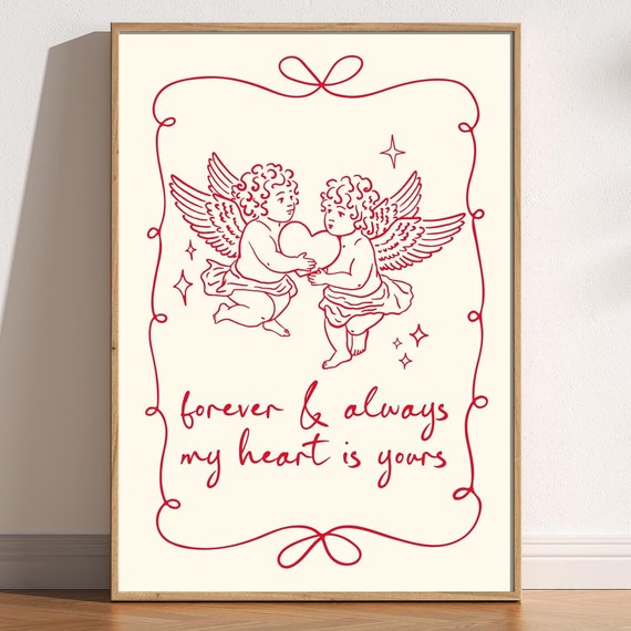 Cute Cherub Doodle Print My Heart Is Yours Romance Art Trendy Love Friendship Vintage Valentines Day Couples Bedroom