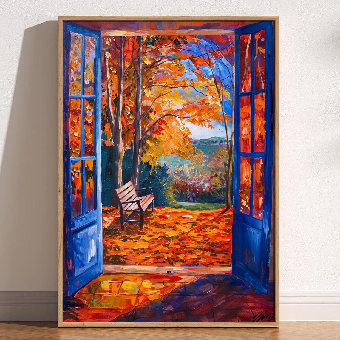 Autumn Trees Through Blue Doors Oil Painting Fall Landscape Poster