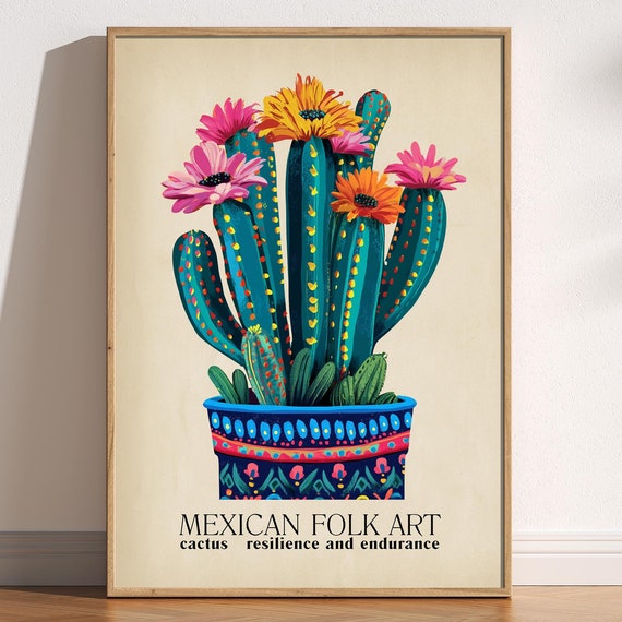 Mexican Cactus Folk Art Print, Vintage Traditional Style