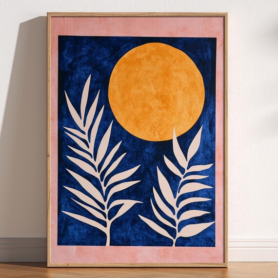 Golden Sun Botanical Leaves Matisse Style Celestial Night Poster