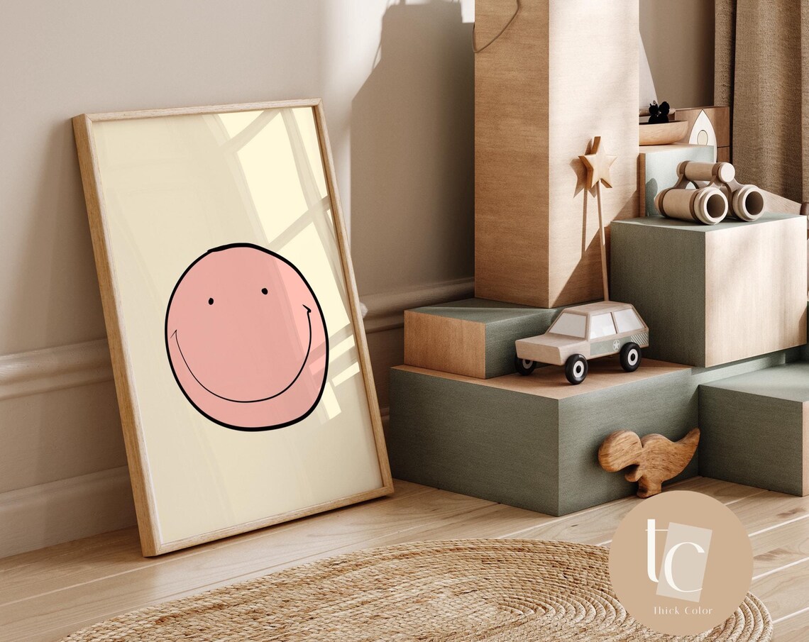 Smiley Print Wall Art Nursery Decor Face Kids Gift Retro Illustration Gender Neutral Baby