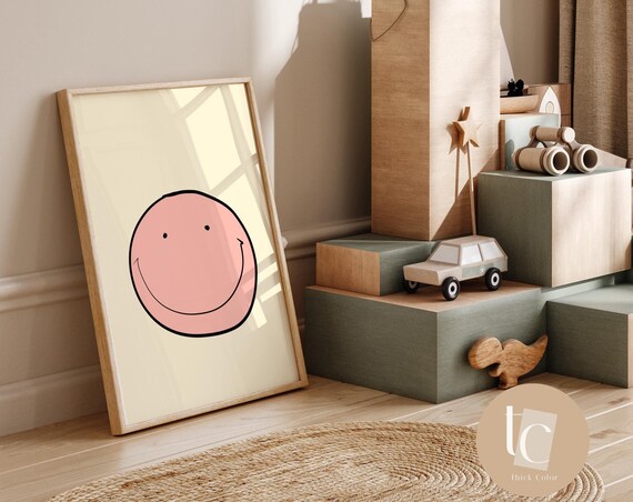 Blush Pink Smiley Face Minimalist Nursery Kids Room Wall Art