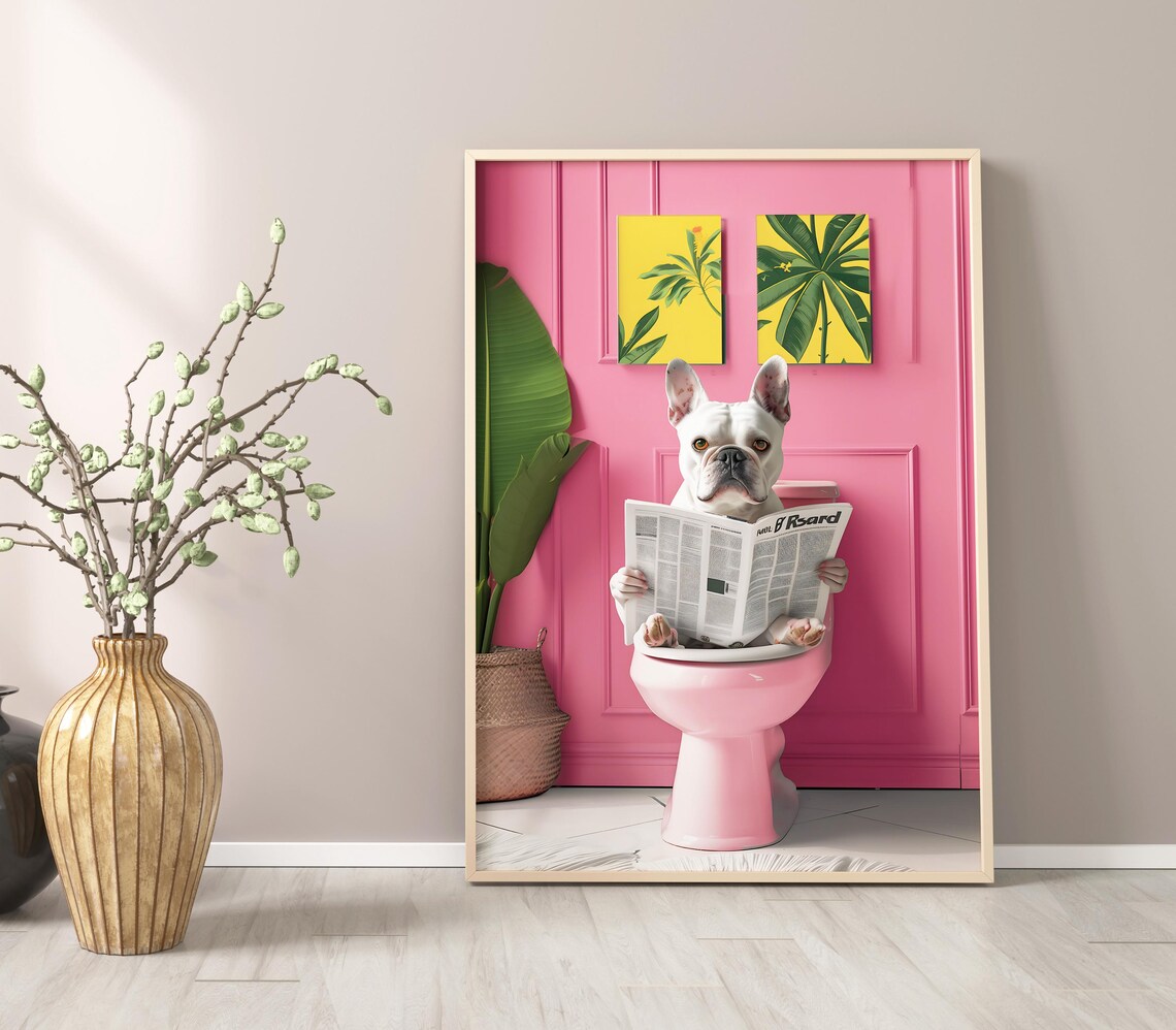 French Bulldog Reading on Toilet Funny Bathroom Art Print - Image 3