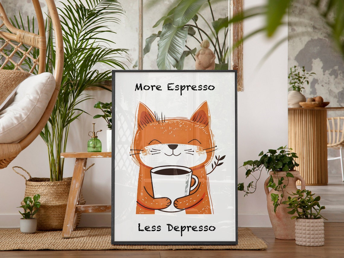 More Espresso Less Depresso Cheerful Orange Cat Coffee Poster - Image 5