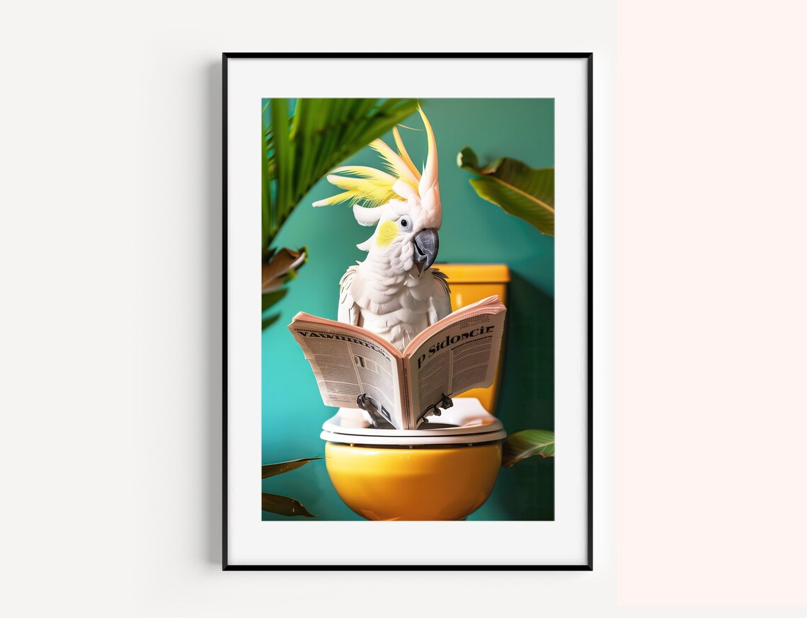 Cockatoo Reading On Toilet Funny Bathroom Art Print - Image 4
