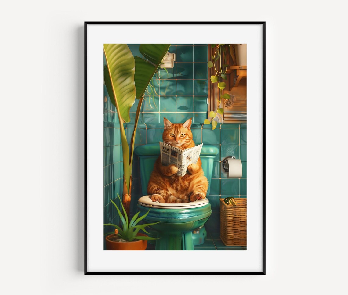 Orange Cat On Toilet Bathroom Funny Cat Poster - Image 3