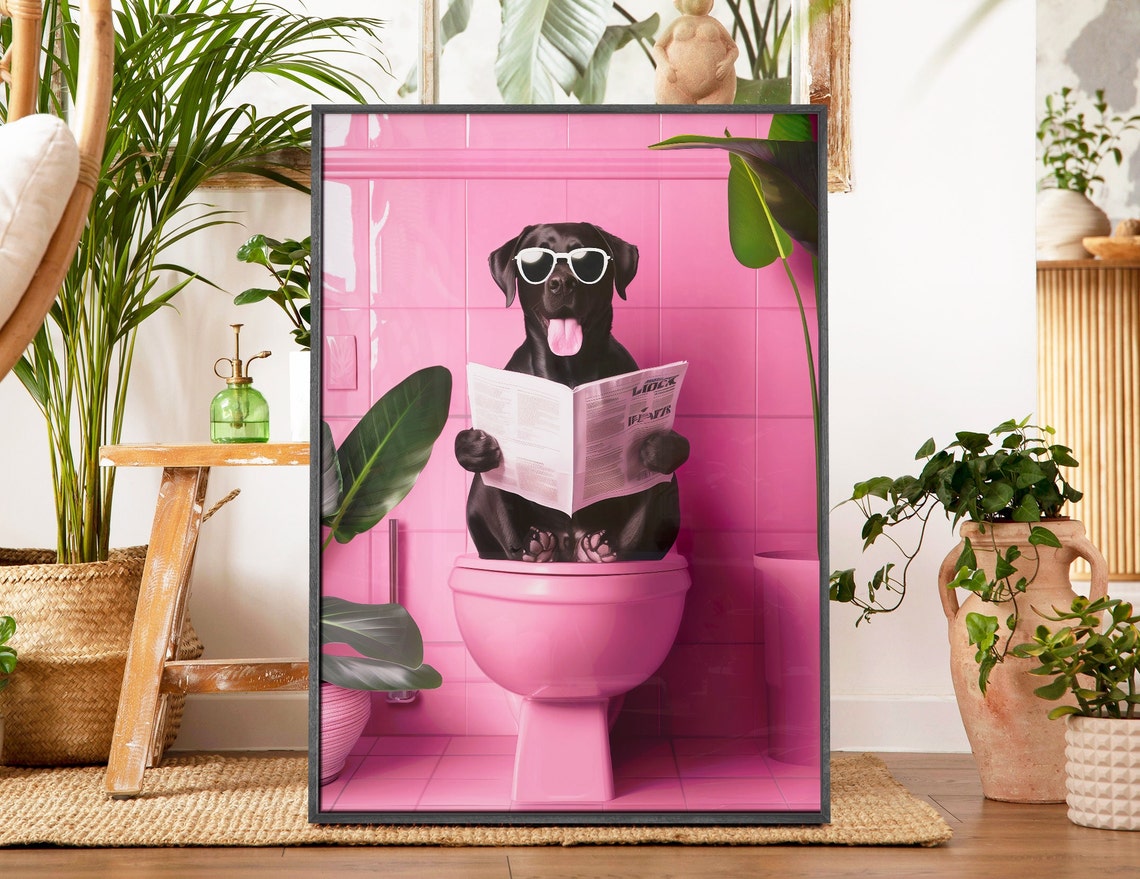 Black Labrador Reading Newspaper Pink Bathroom Funny Dog Poster - Image 5