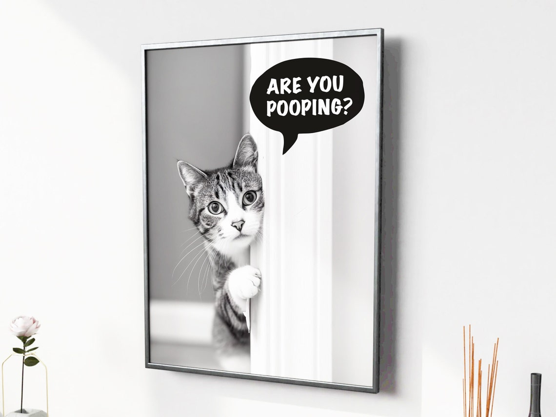 Are You Pooping Funny Tabby Cat Peeking Bathroom Humor Poster - Image 4