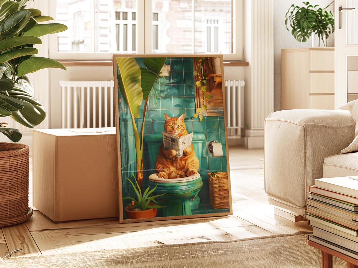 Orange Tabby Cat Reading Newspaper On A Teal Toilet Funny Poster - Image 5