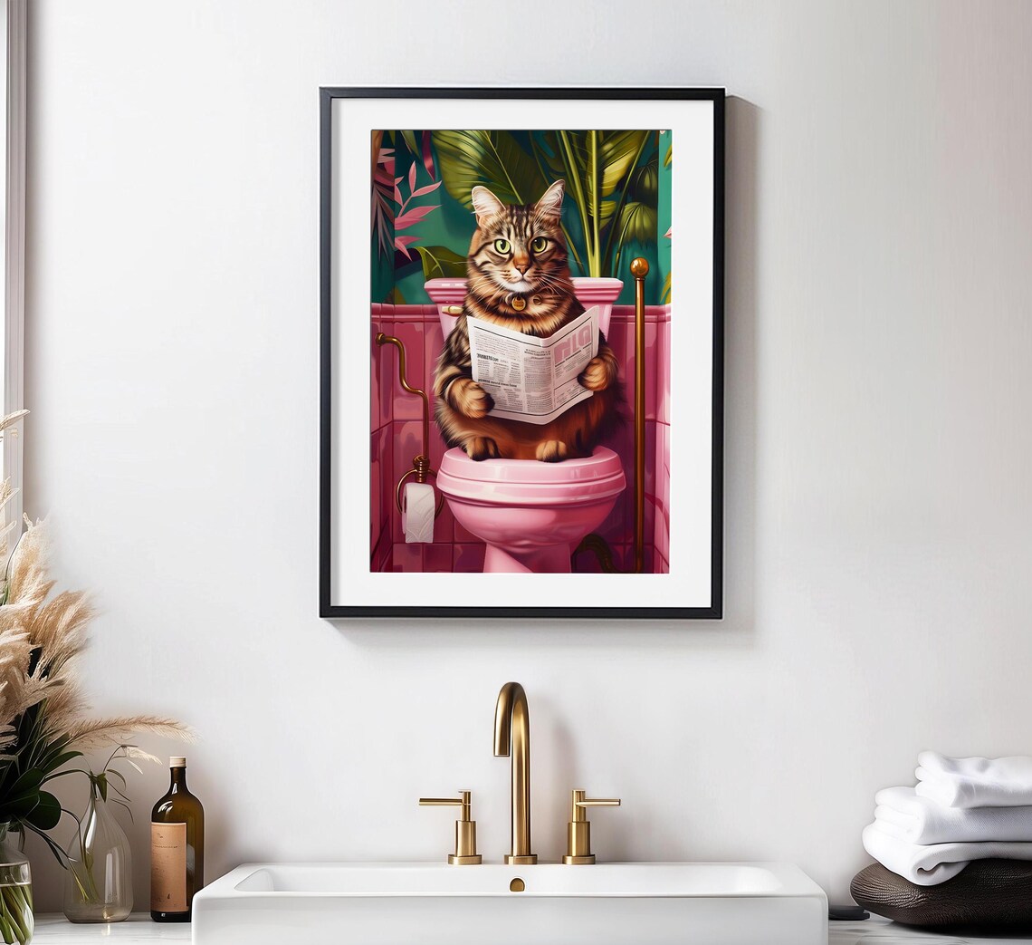 Fluffy Tabby Cat Reading Newspaper On Pink Toilet Funny Bathroom Wall Poster - Image 3