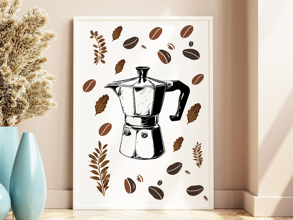 Moka Pot Espresso Maker Line Art Coffee Beans Kitchen Poster - Image 2