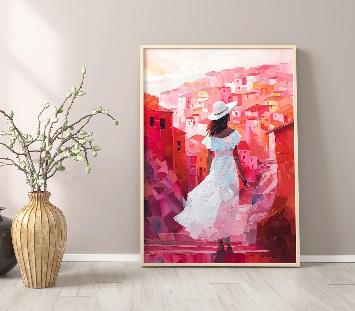 Woman White Dress Red Old Town Street Mosaic Impasto Painting Poster - Image 2